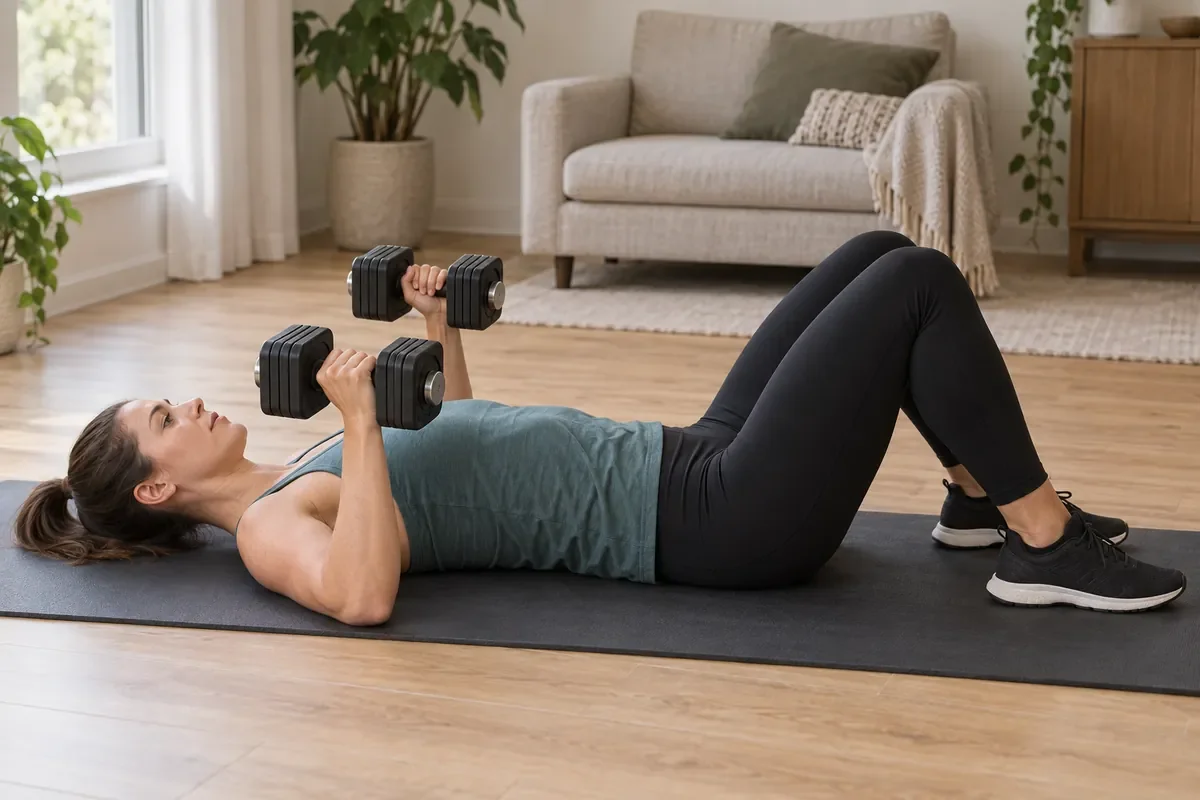 Woman performing a floor press with two adjustable dumbbells on an exercise mat.