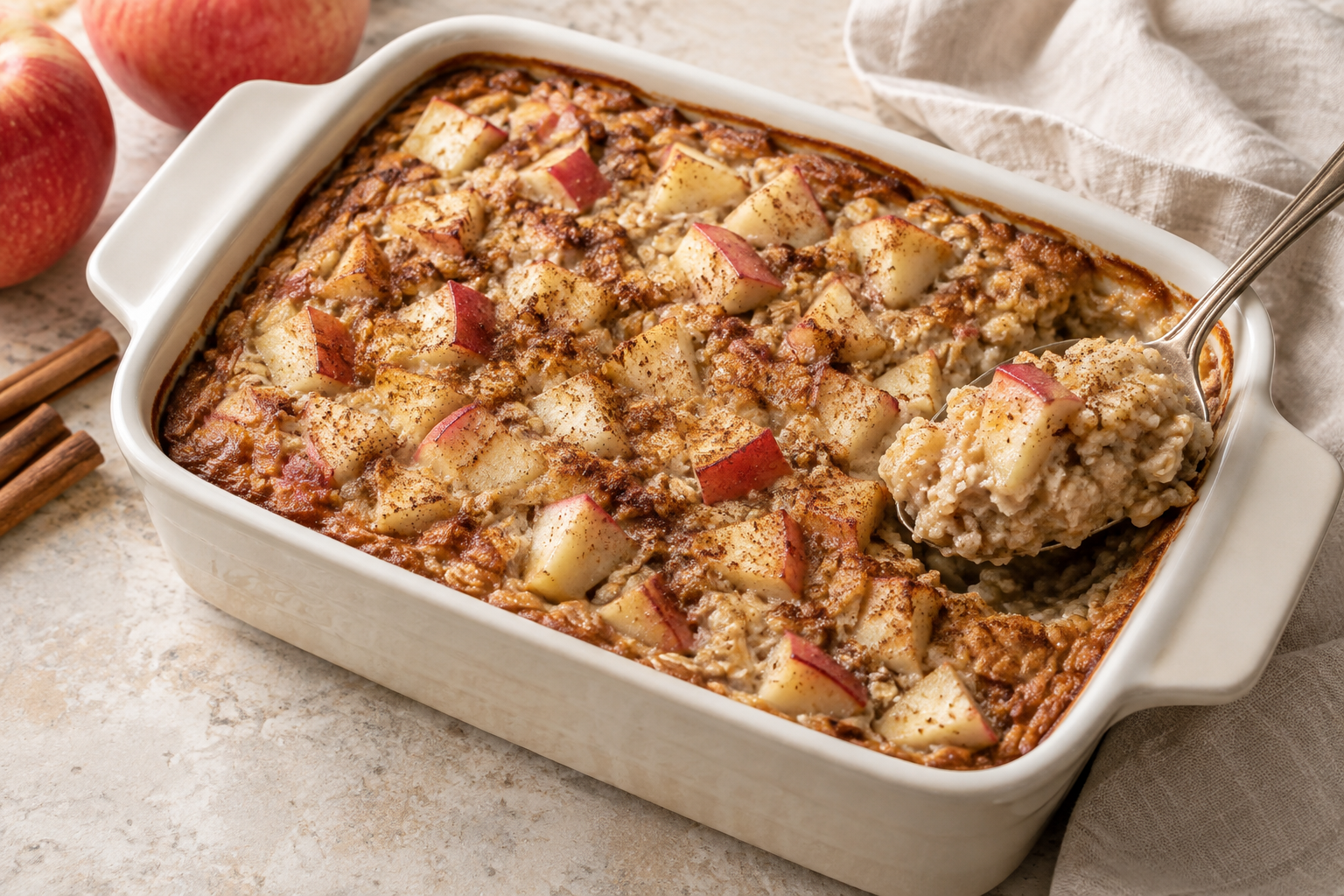 Apple and cinnamon baked oats with a spoonful lifted from the baking dish.