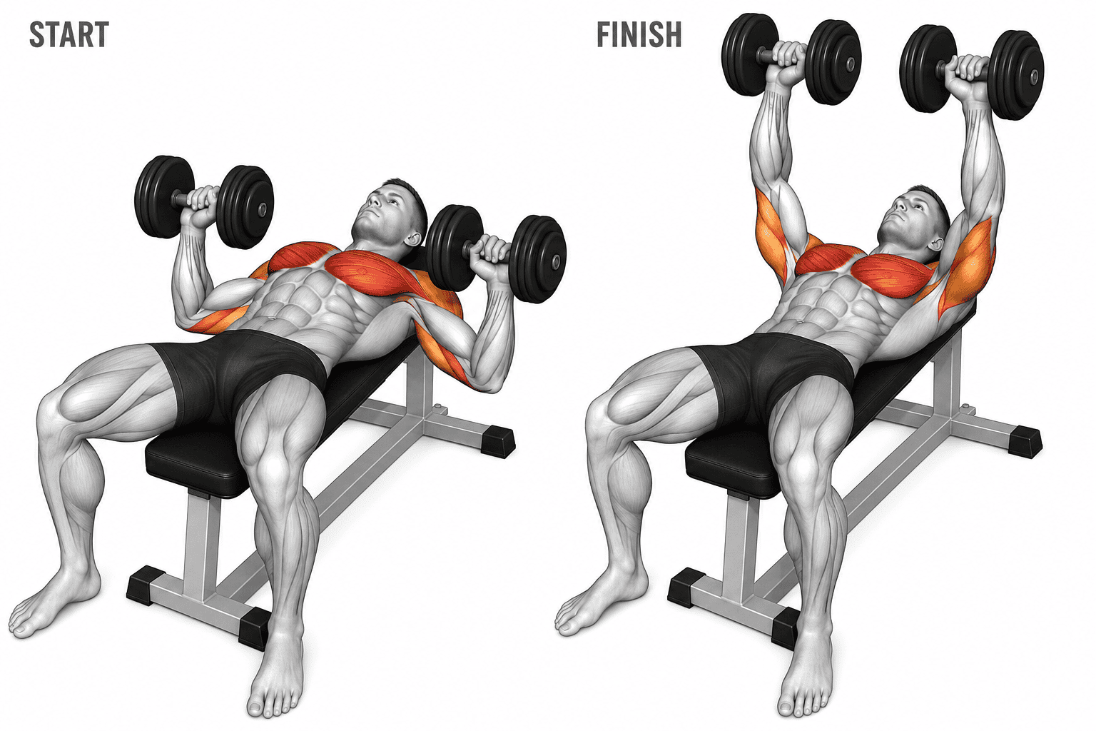 Illustration of a man doing a dumbbell chest press exercise on a bench, with muscle groups highlighted