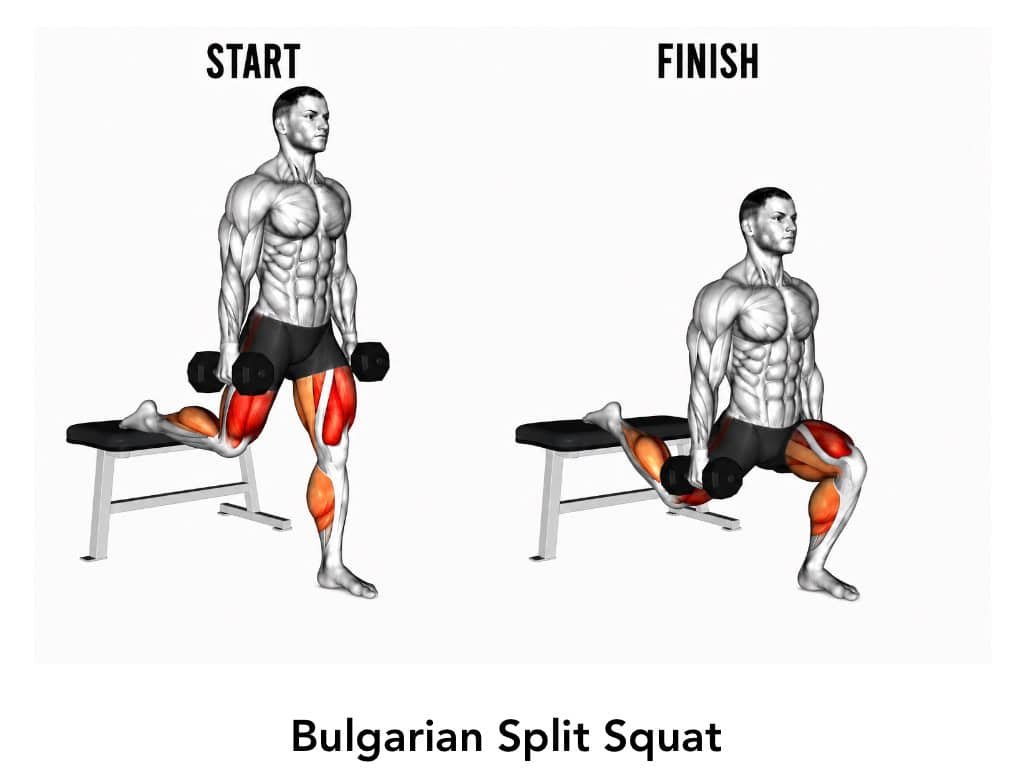 Illustration of a man demonstrating the Bulgarian split squat exercise, showing start and finish positions, with muscles highlighted.