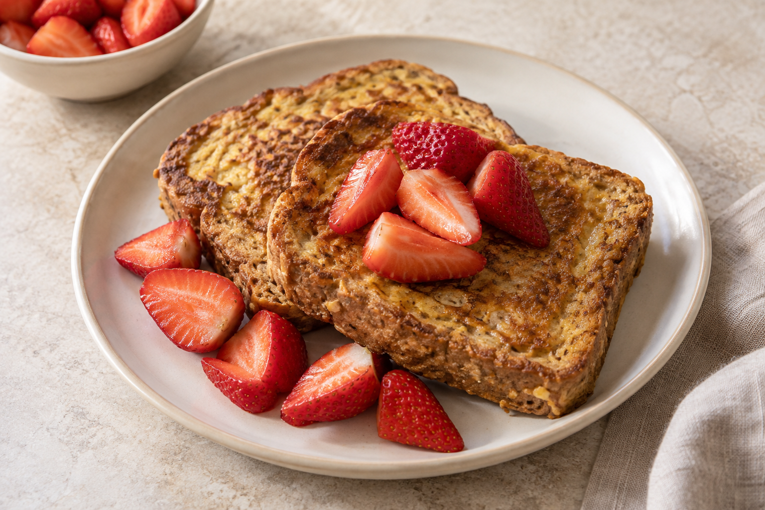 Golden wholemeal protein French toast served with sliced strawberries.