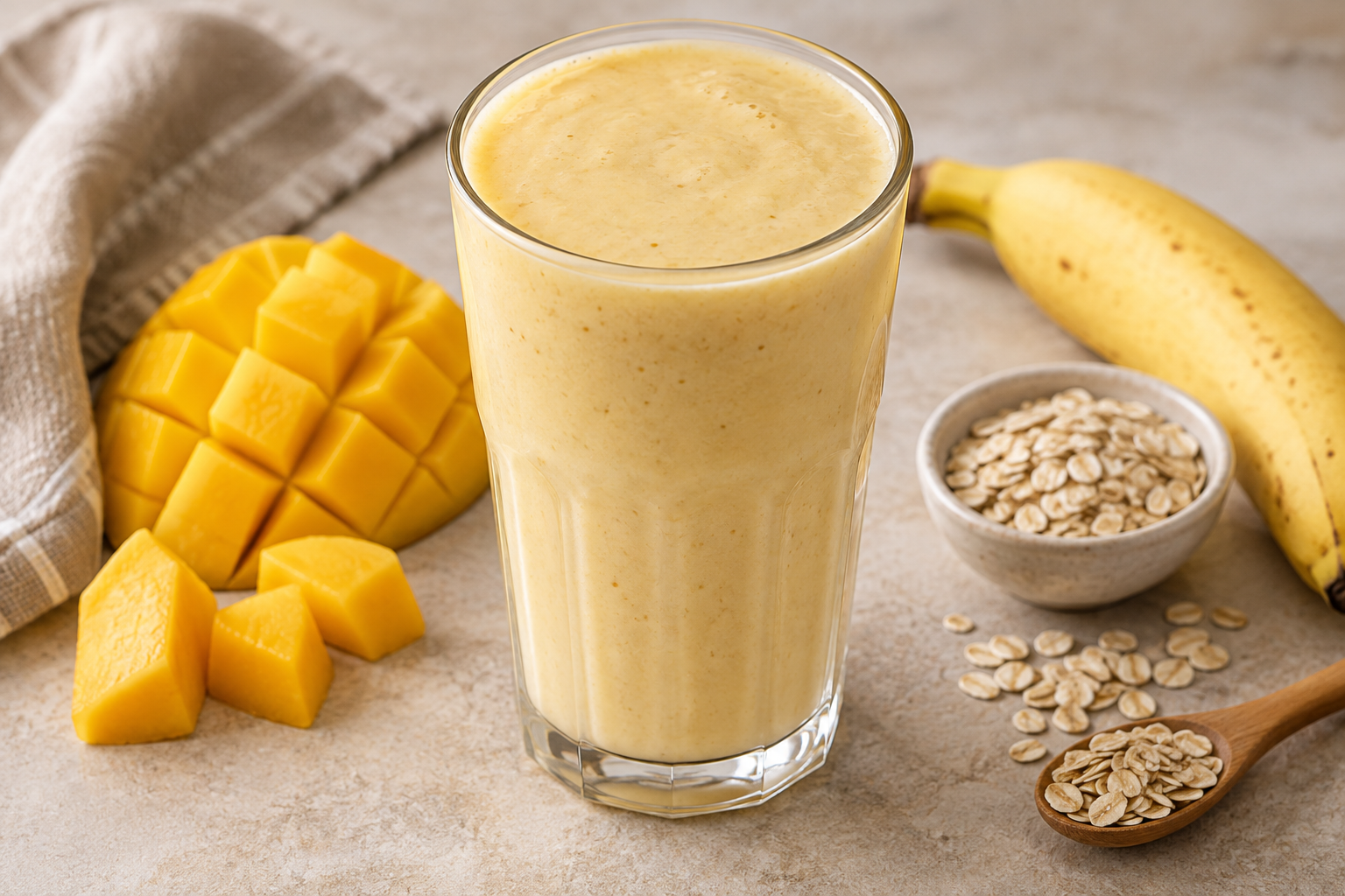 Mango, banana and oat protein smoothie in a glass beside its ingredients.