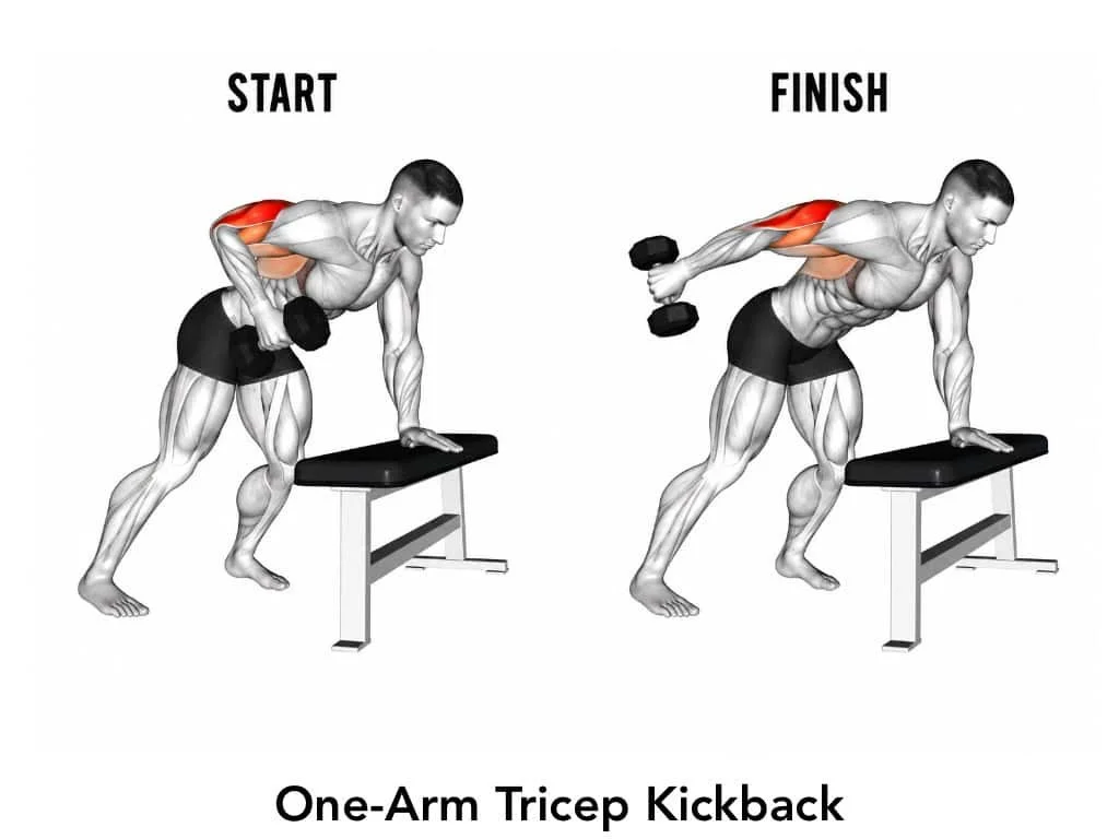 Diagram showing a one-arm tricep kickback exercise. On the left, a man is in the starting position with one hand on a bench and holding a dumbbell in the other hand. On the right, the man extends his arm backward with a dumbbell, targeting the triceps, with the shoulder and arm muscles highlighted.
