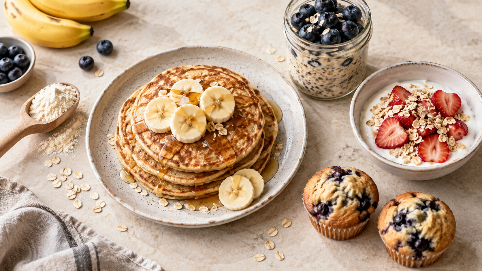 Banana pancakes, blueberry overnight oats, strawberry yoghurt and muffins beside a scoop of whey protein powder.