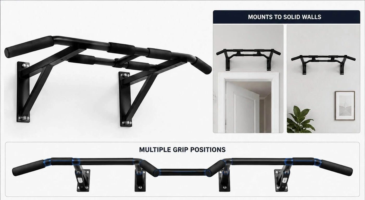 Image showing a wall-mounted pull-up bar and accessories for mounting to solid walls, with a diagram illustrating different mounting options and grip positions for exercise.