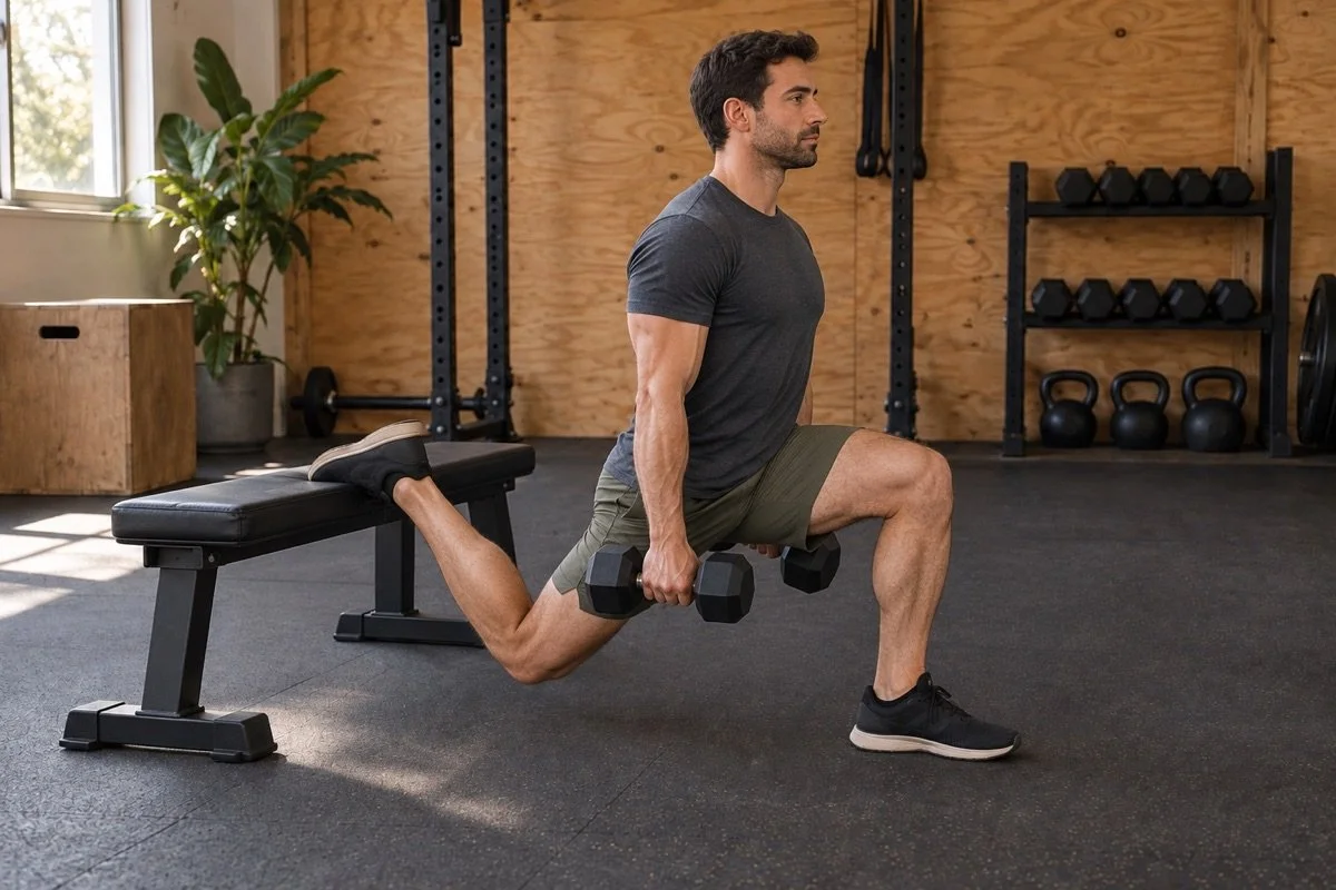 Man performing a Bulgarian split squat with his rear foot elevated on a stable bench and dumbbells at his sides.