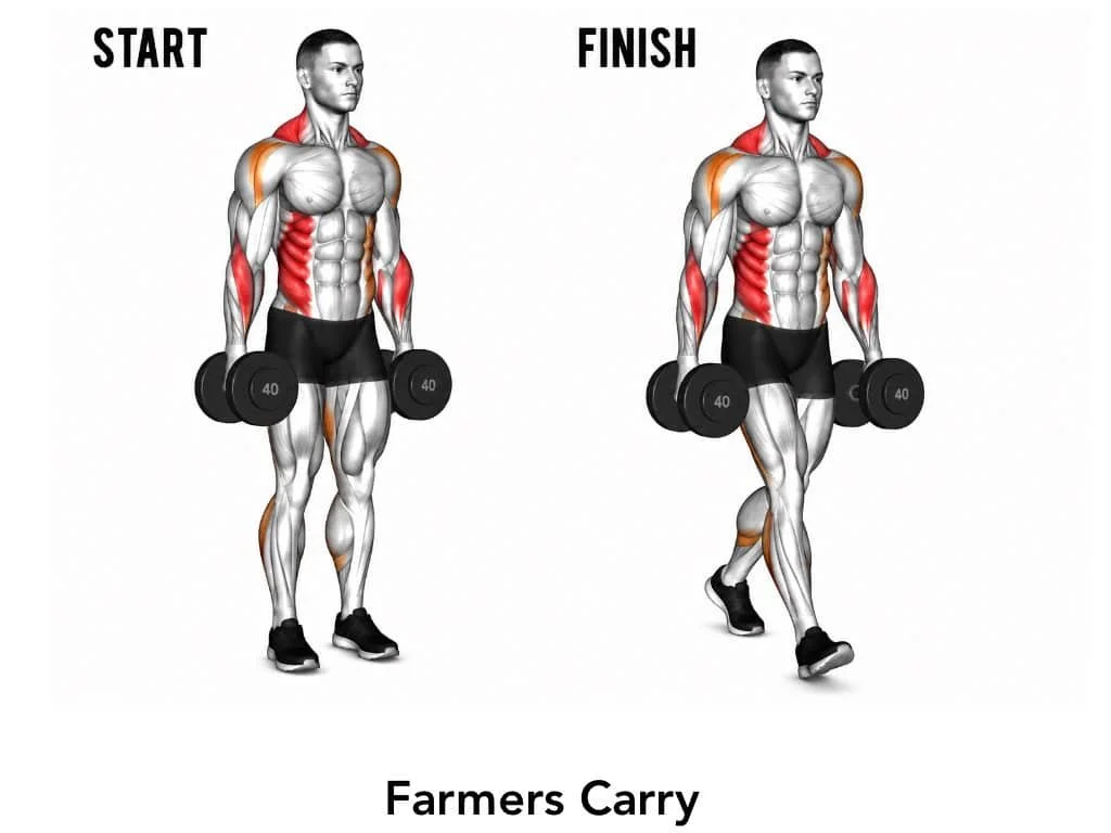 Illustration of a man performing the farmers carry exercise with dumbbells, showing muscle engagement from start to finish.
