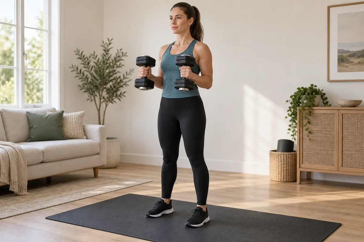 Woman performing hammer curls with palms facing inward.