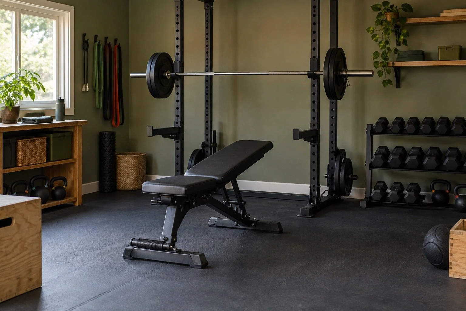 Home gym with an adjustable bench, racked barbell, dumbbells, and resistance bands.