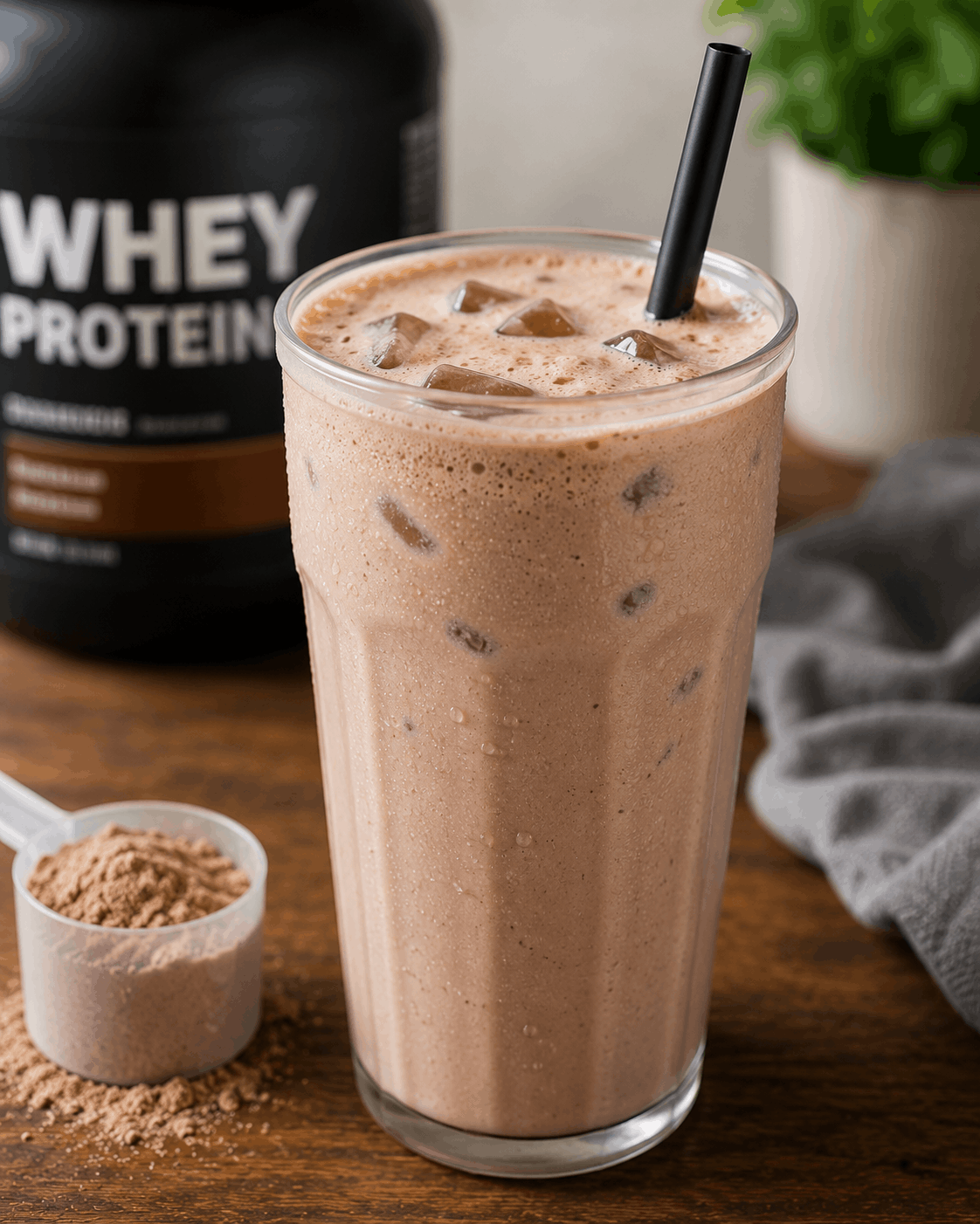 Creamy protein shake served as a healthy high-protein drink for post-workout recovery.
