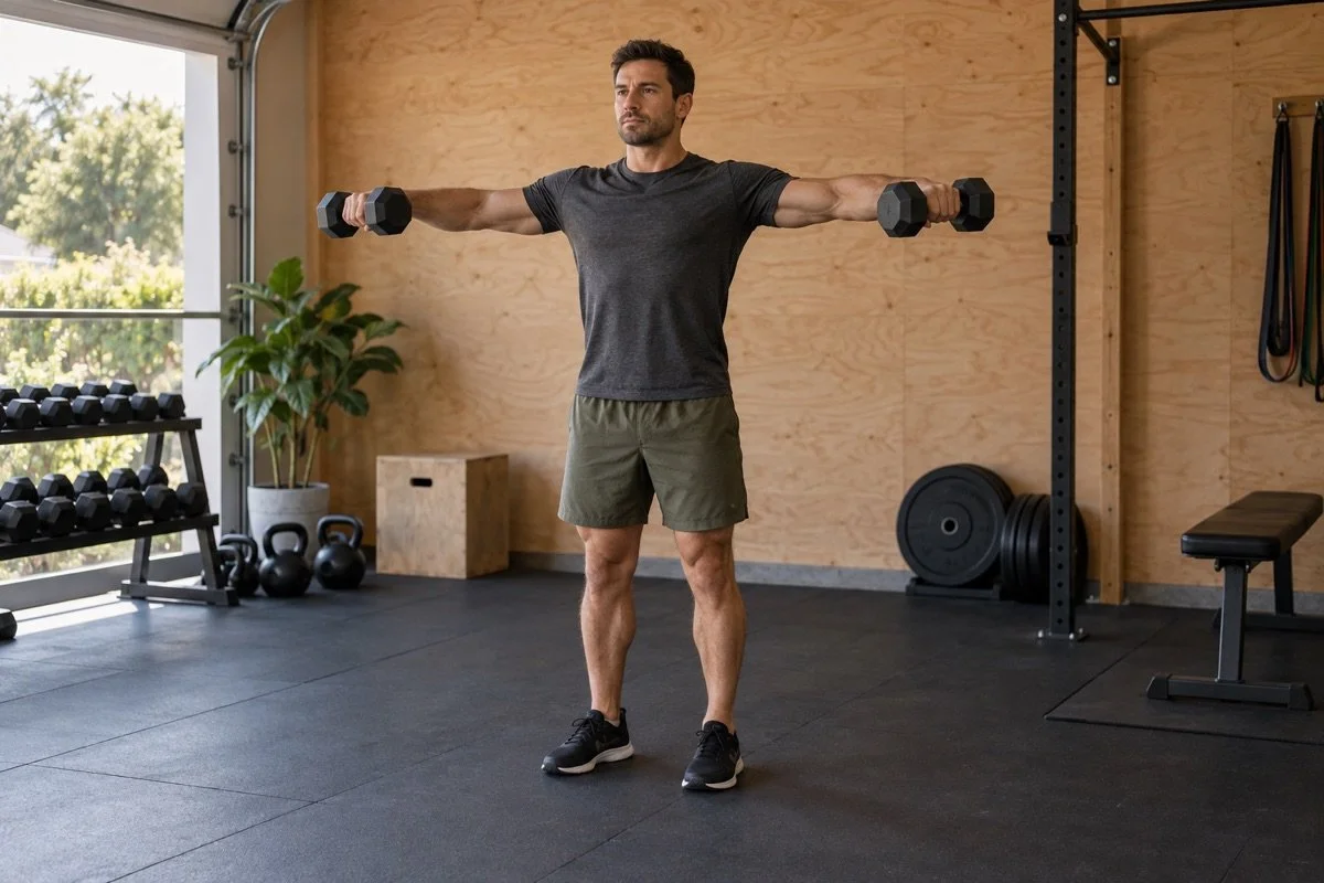 Man performing a dumbbell lateral raise in a garage home gym.