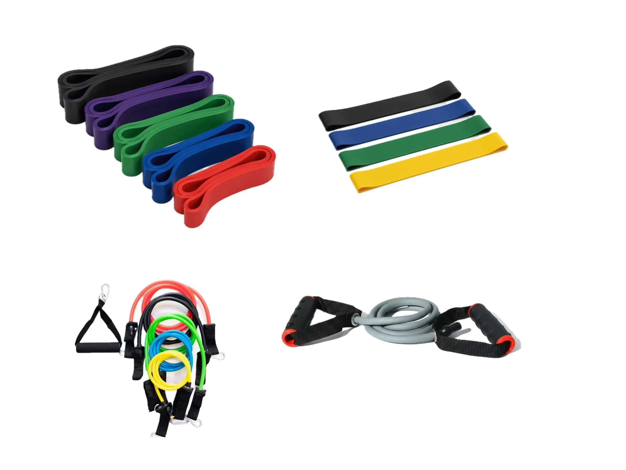 Colorful resistance bands in black, purple, green, blue, and red arranged on the left, along with additional resistance bands and workout equipment on the right.