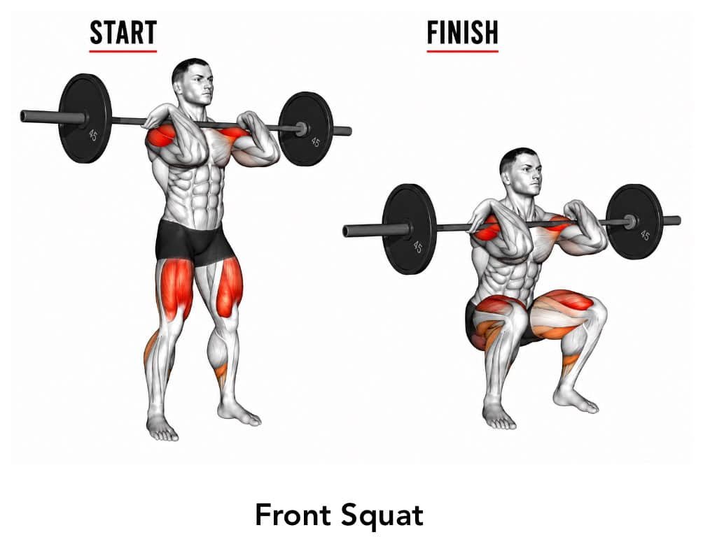 Comparison of a man performing a front squat exercise, showing the starting position with standing posture and finish with a squatting position, highlighting muscle engagement in the shoulders, arms, thighs, and glutes.