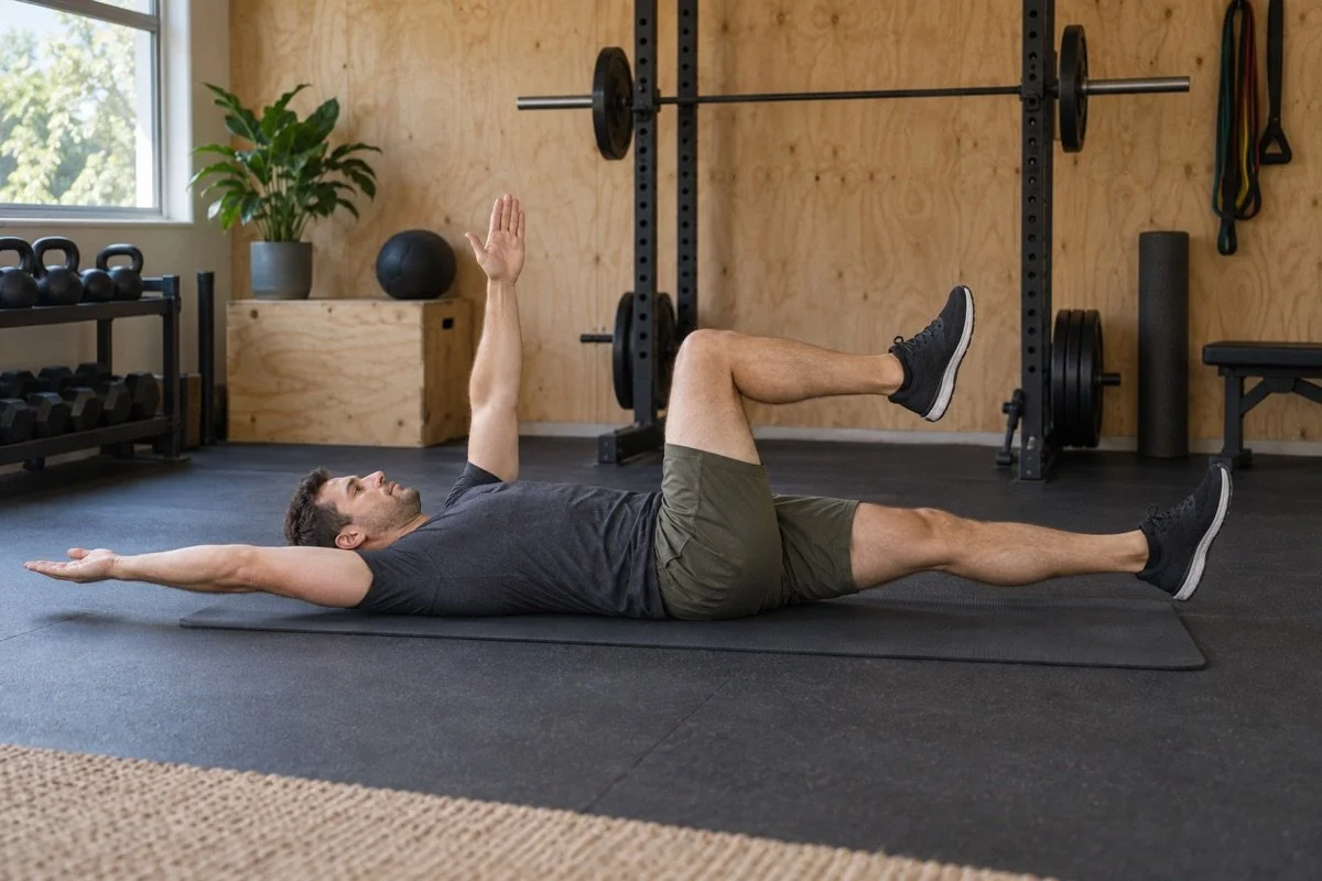 Man performing a dead bug exercise on a mat in a garage home gym.