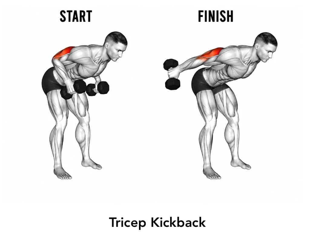 An illustration showing the start and finish positions for a tricep kickback exercise, highlighting the muscles worked in red.