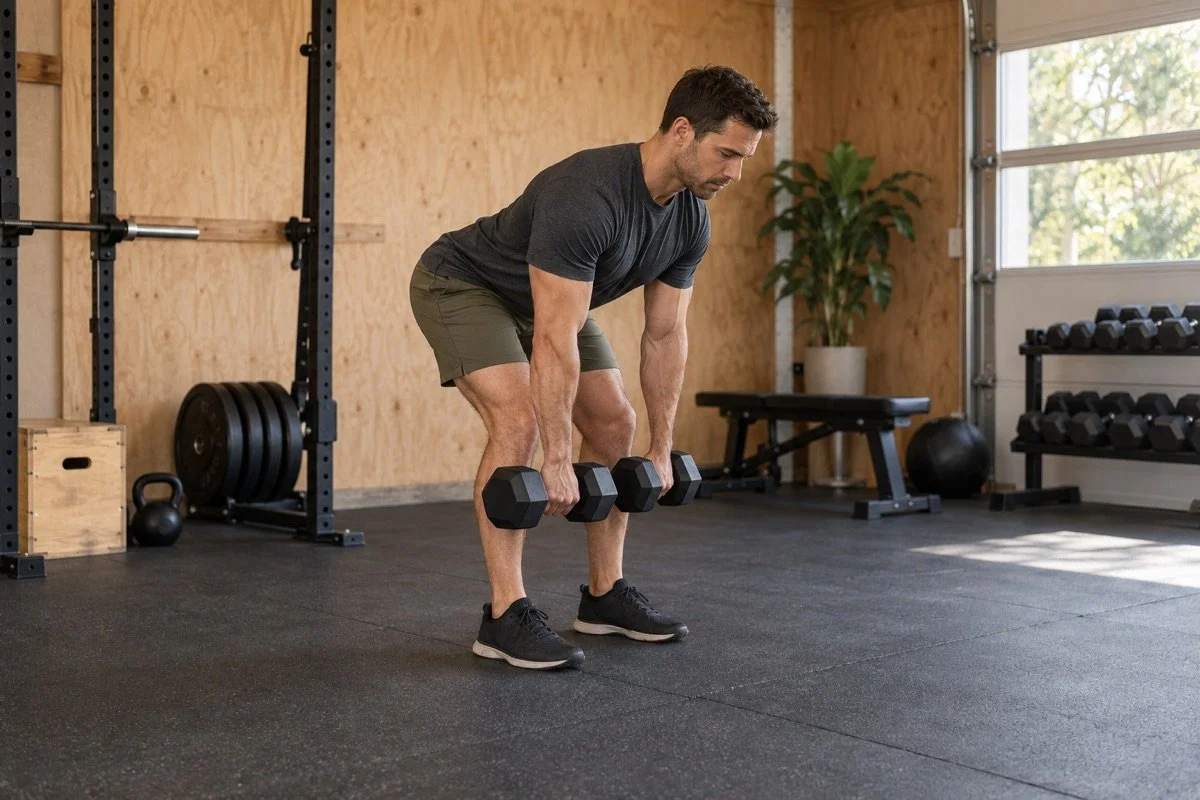 Man performing a dumbbell Romanian deadlift in a garage home gym.