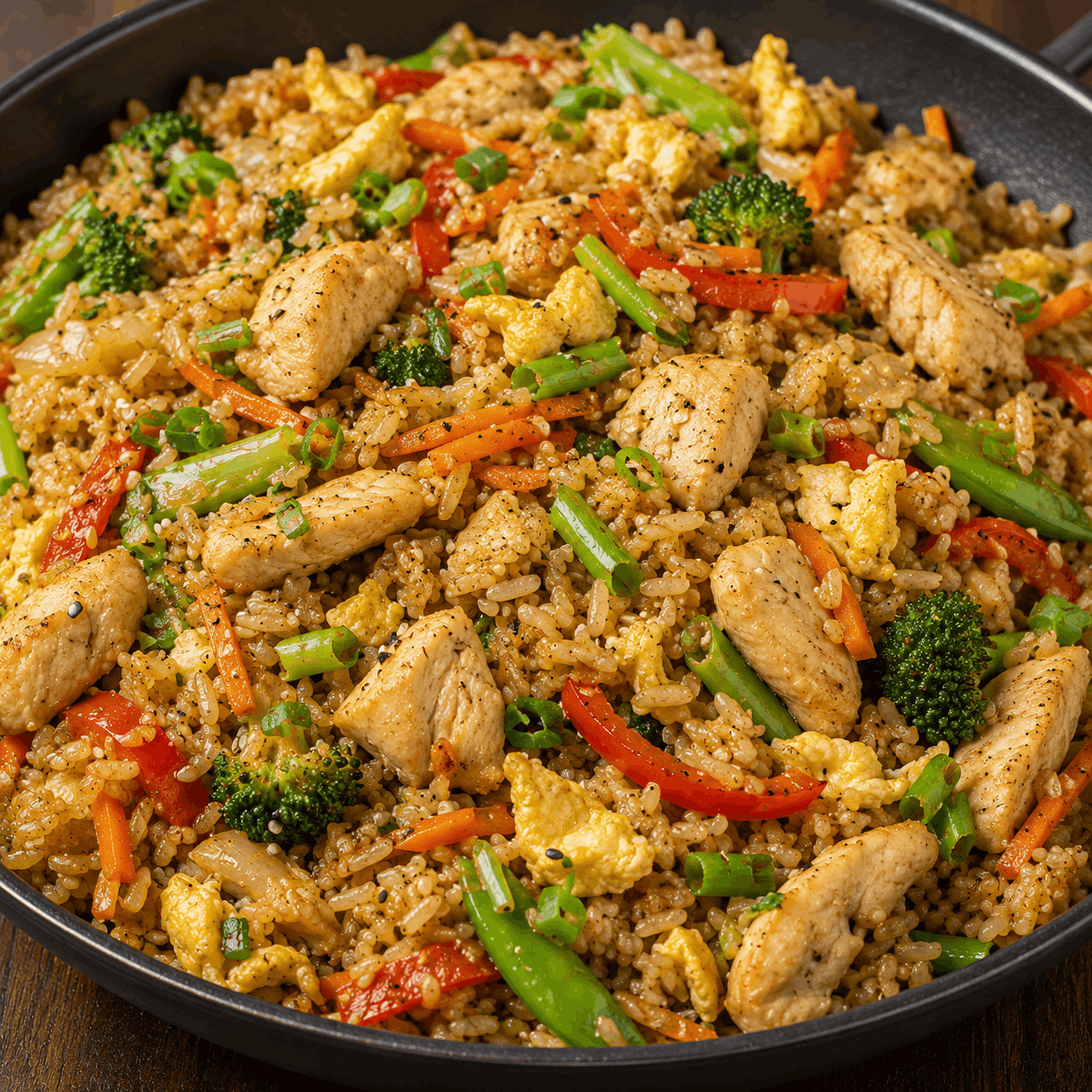 Chicken fried rice with vegetables served as a healthy high-protein meal.