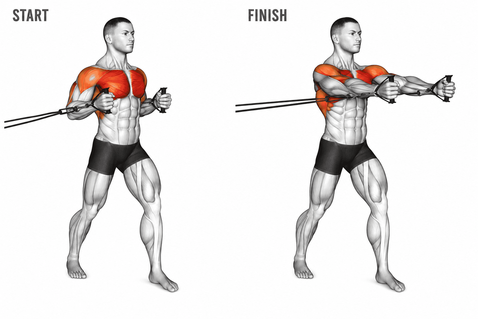 An illustration showing the start and finish positions for a resistance band exercise, focusing on upper body muscles, with visible muscle groups and resistance band grips.