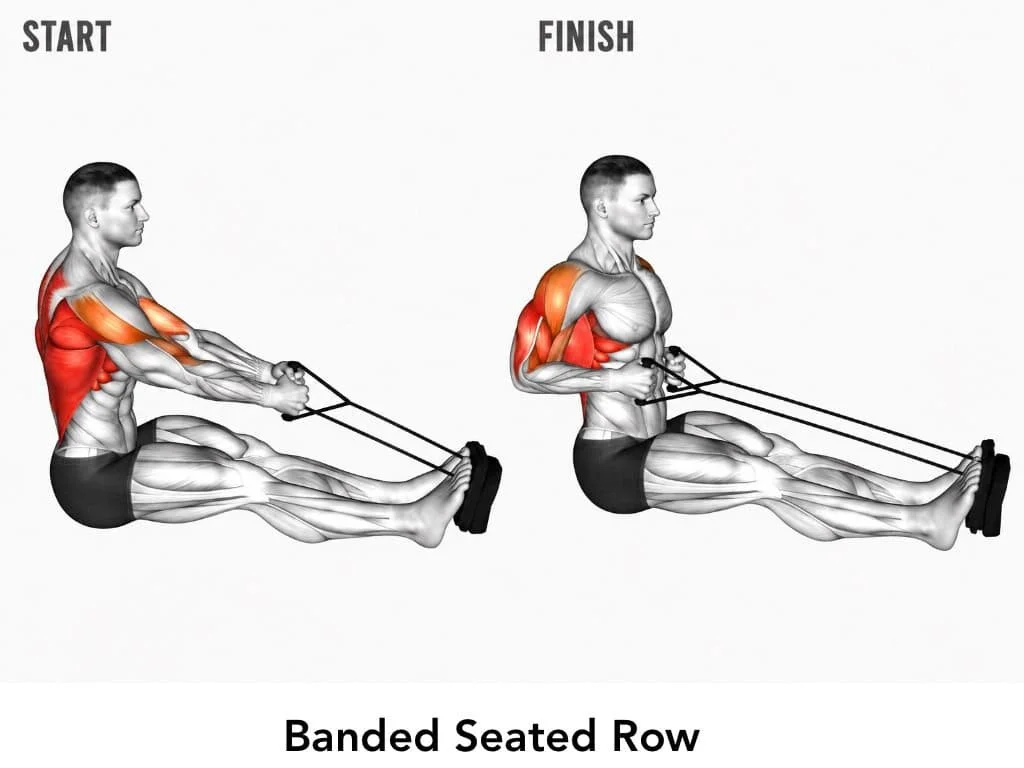 Diagram of a man performing a seated row exercise with a resistance band, showing start and finish positions, highlighting upper back, shoulder, and arm muscles in red.