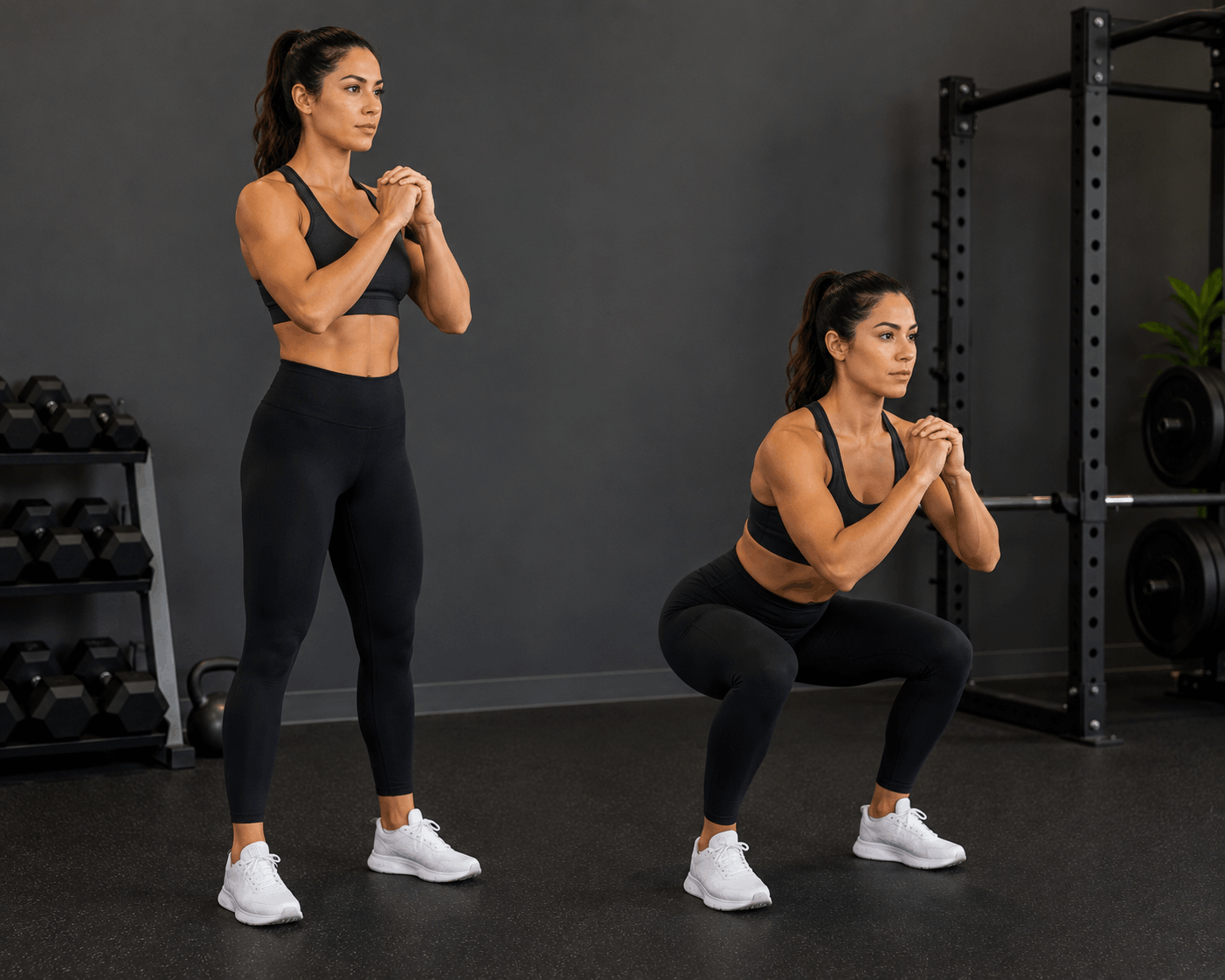 One woman in black athletic wear exercising in a gym;  squatting