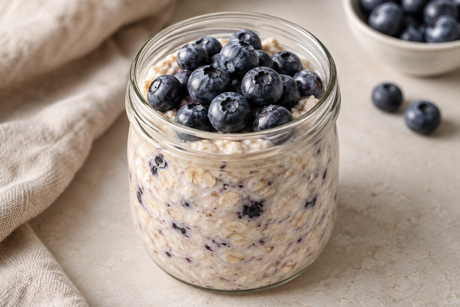Blueberry overnight oats in a glass jar topped with fresh blueberries.