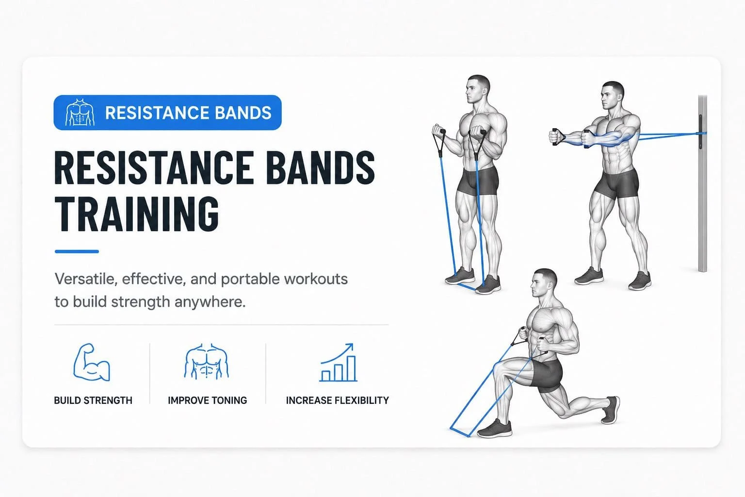 Poster displaying resistance band exercises with illustrations of a man performing various workouts, emphasizing building strength, improving toning, and increasing flexibility.