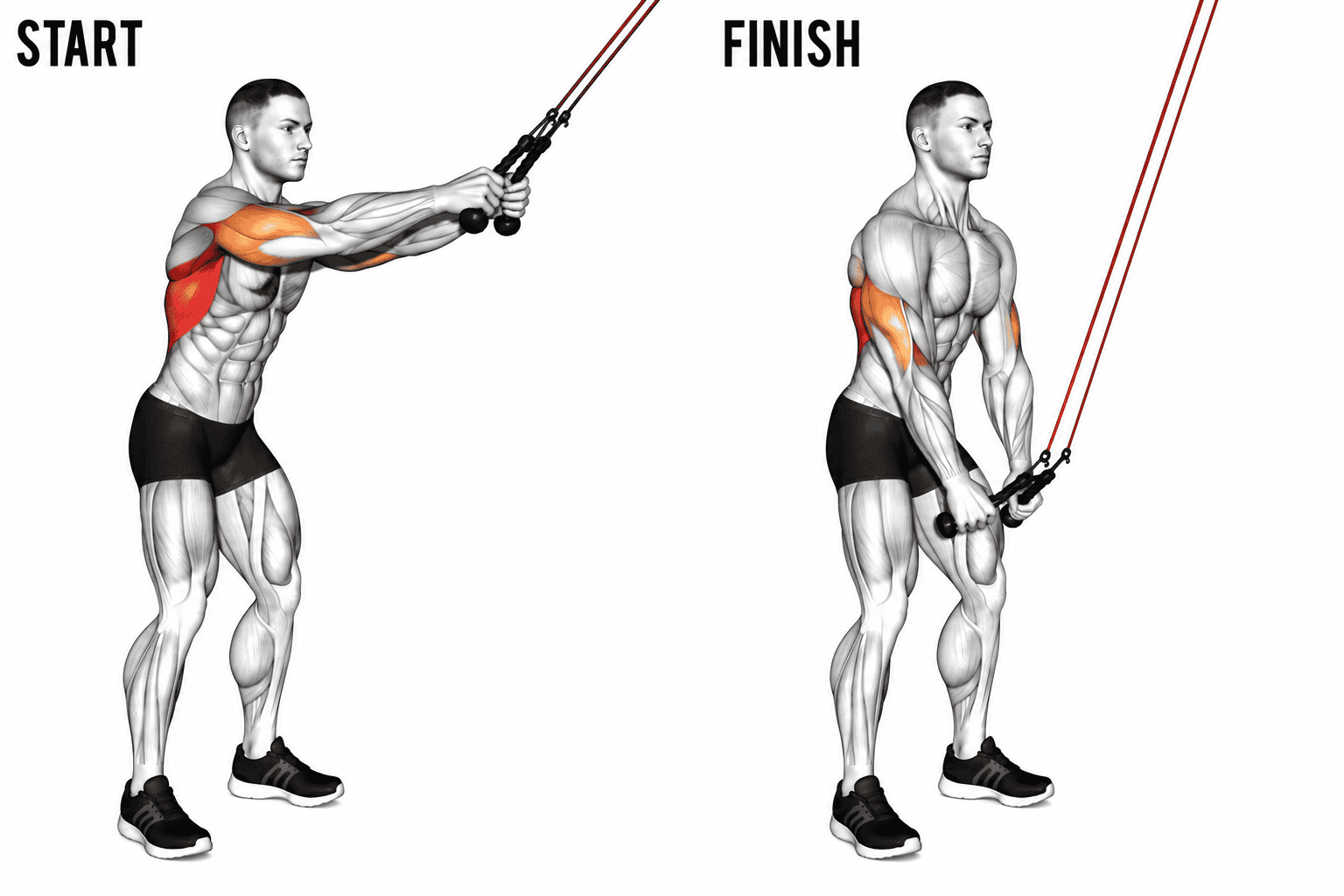 An exercise showing a male performing a banded straight arm pulldown. The illustration depicts the starting position on the left and the finishing position on the right, highlighting the muscles worked, particularly the chest, shoulders, and arms.