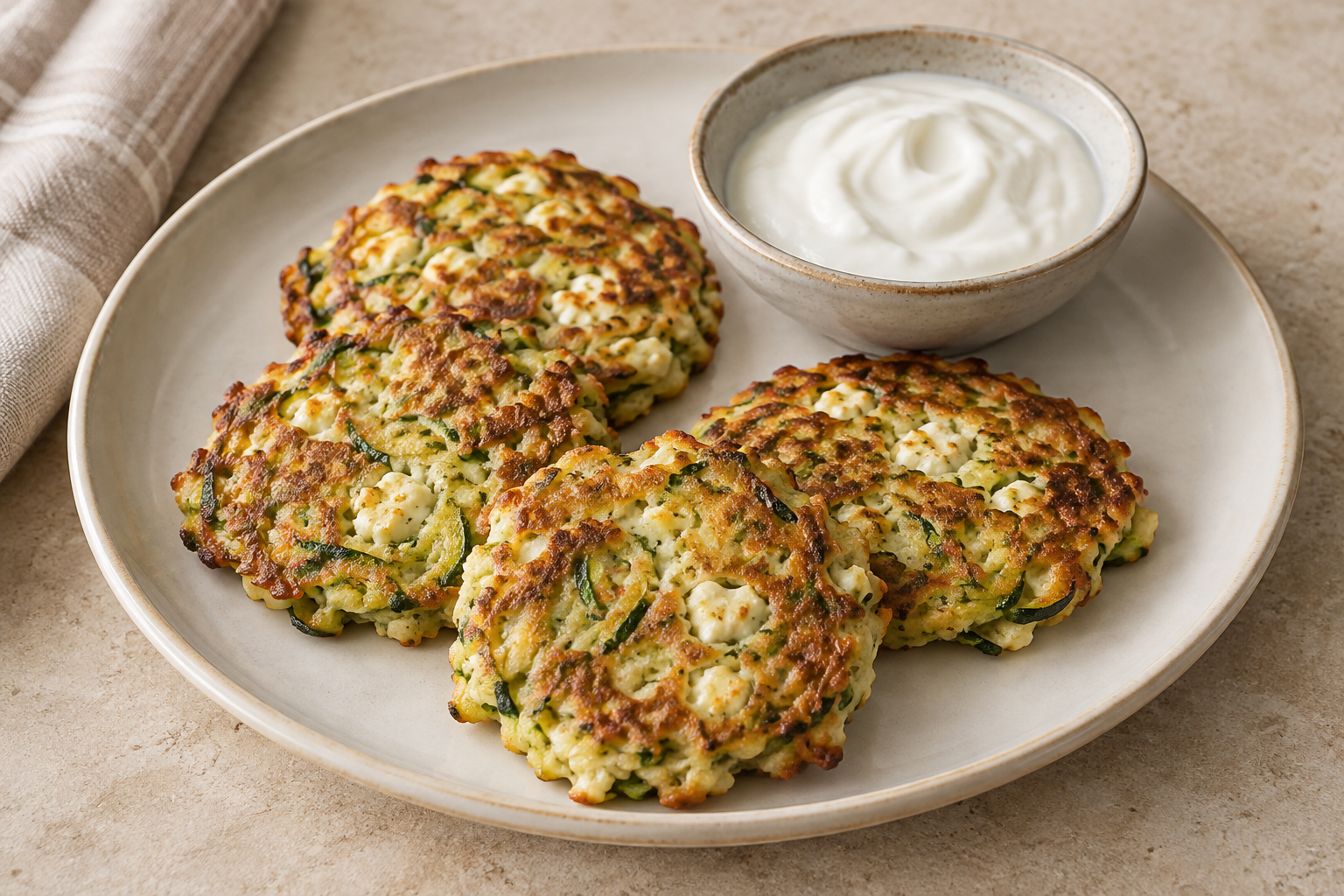 Four golden courgette and feta fritters served with plain Greek yoghurt.