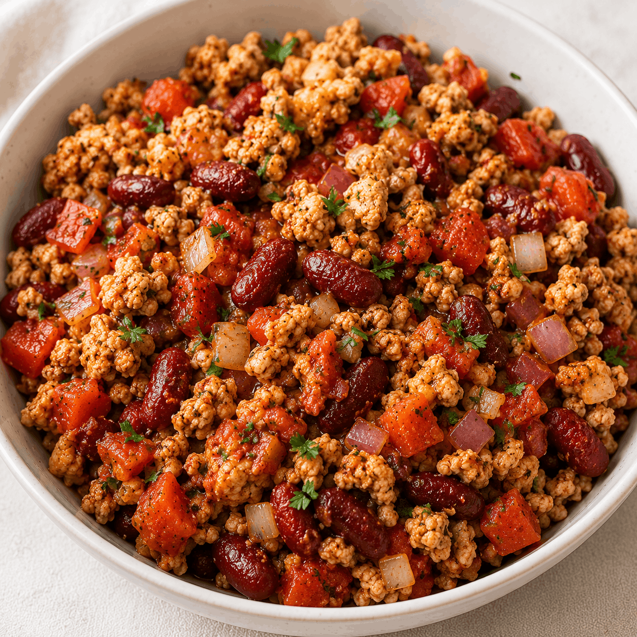 Bowl of high-protein turkey chili made with lean ground turkey and served as a healthy meal.