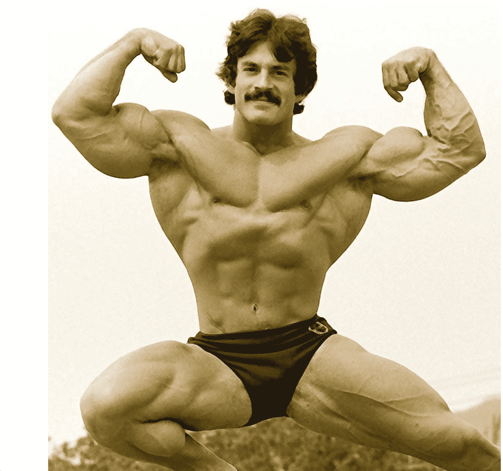 Mike Mentzer performing a classic bodybuilding pose showcasing his muscular physique during competition.