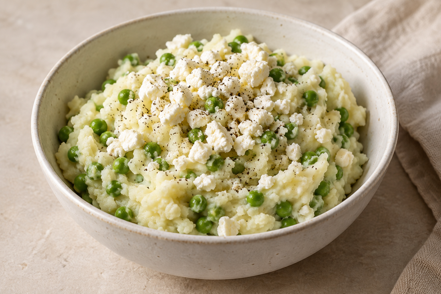 Mashed potato with green peas, crumbled feta and black pepper.