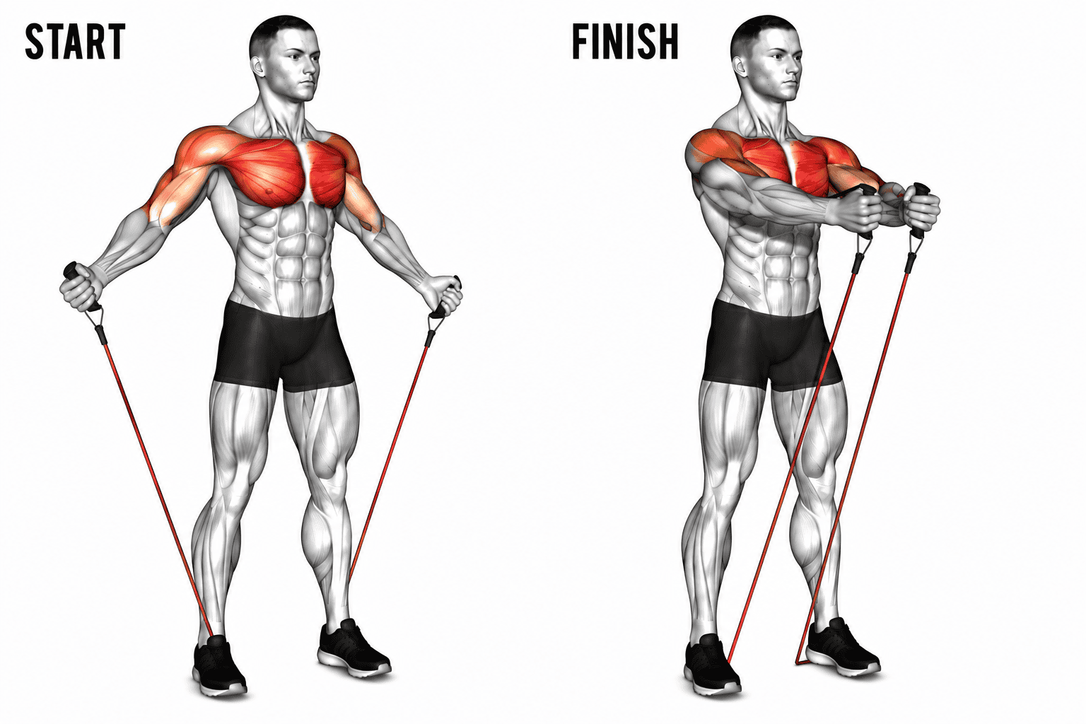 Diagram showing the start and finish positions for a resistance band exercise. The person is holding the resistance band handles in both images, with muscles highlighted in red. The start position shows the arms extended down and slightly outward, and the finish position shows the arms pulled inward across the chest.