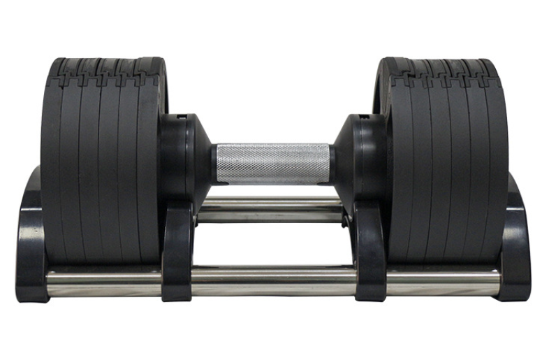 Adjustable dumbbell with large black weight plates on either side, metal handle in the center, and metal rods as part of the adjustable weight system.