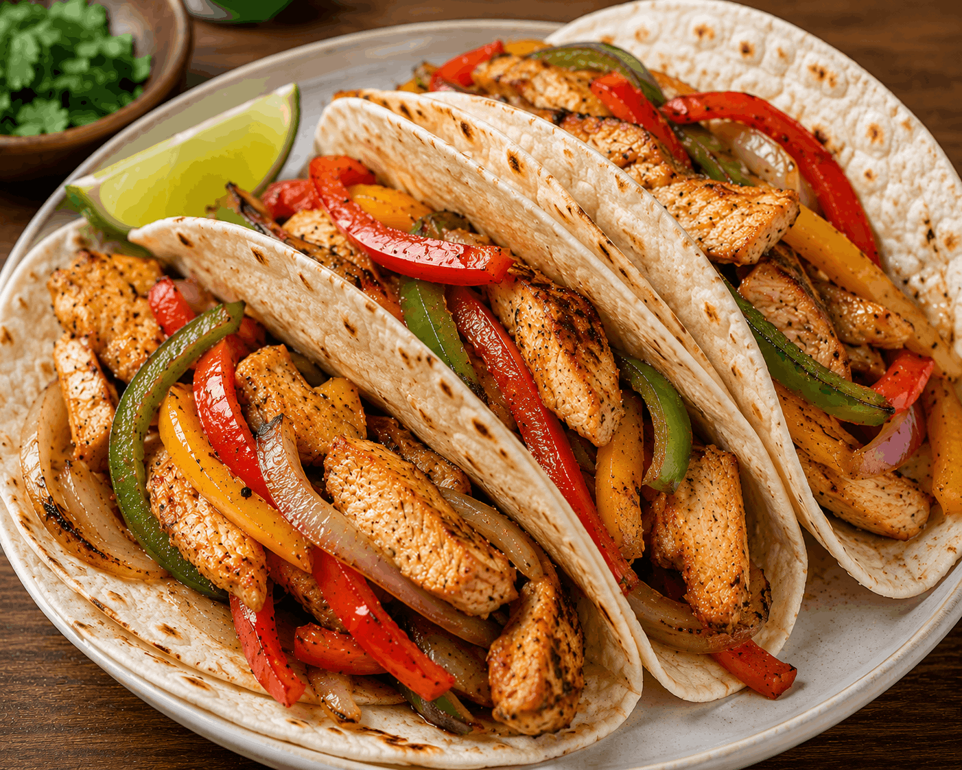 Grilled chicken fajitas with peppers and onions served as a healthy high-protein meal.