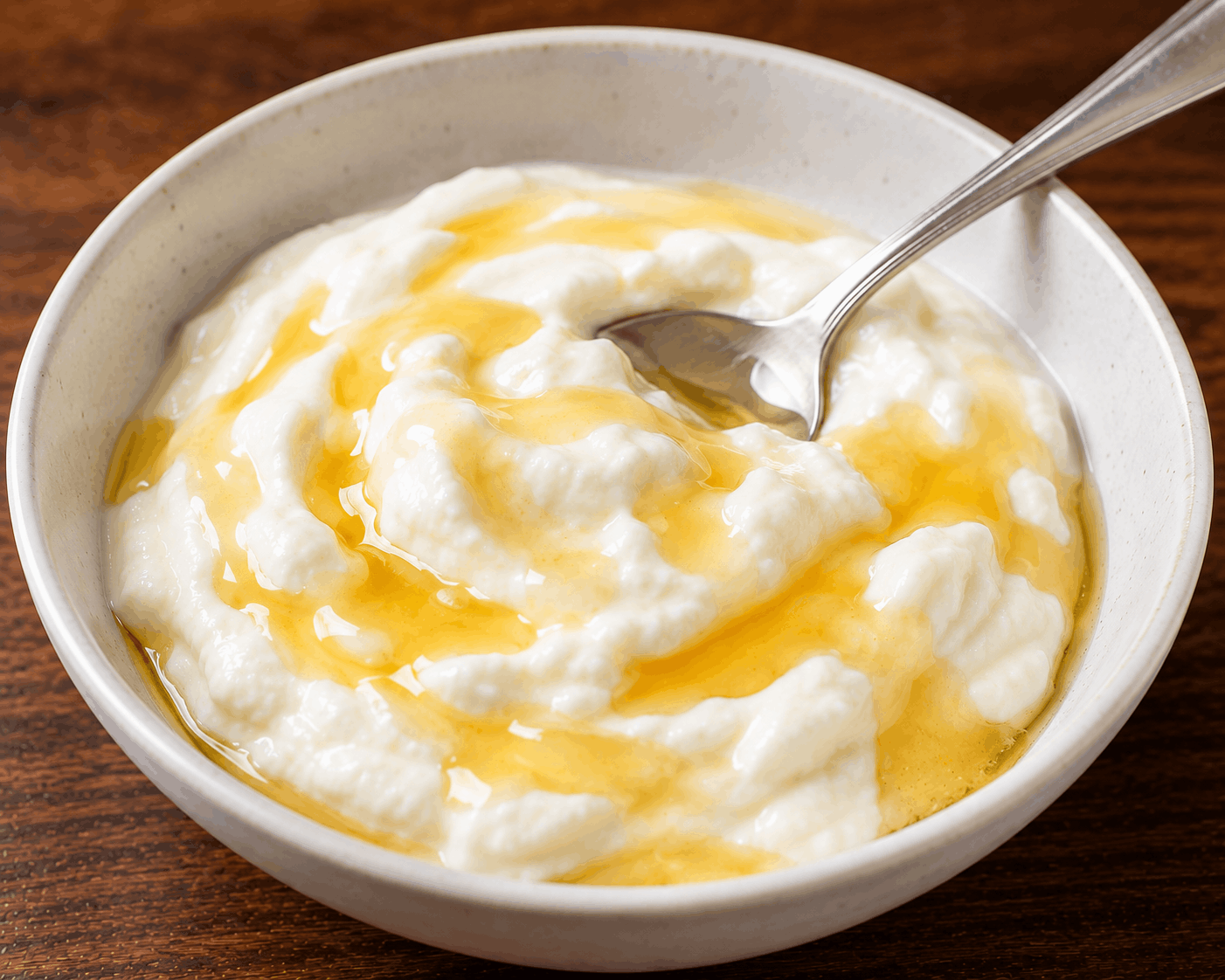 Bowl of Greek yogurt drizzled with honey and served as a healthy high-protein snack.