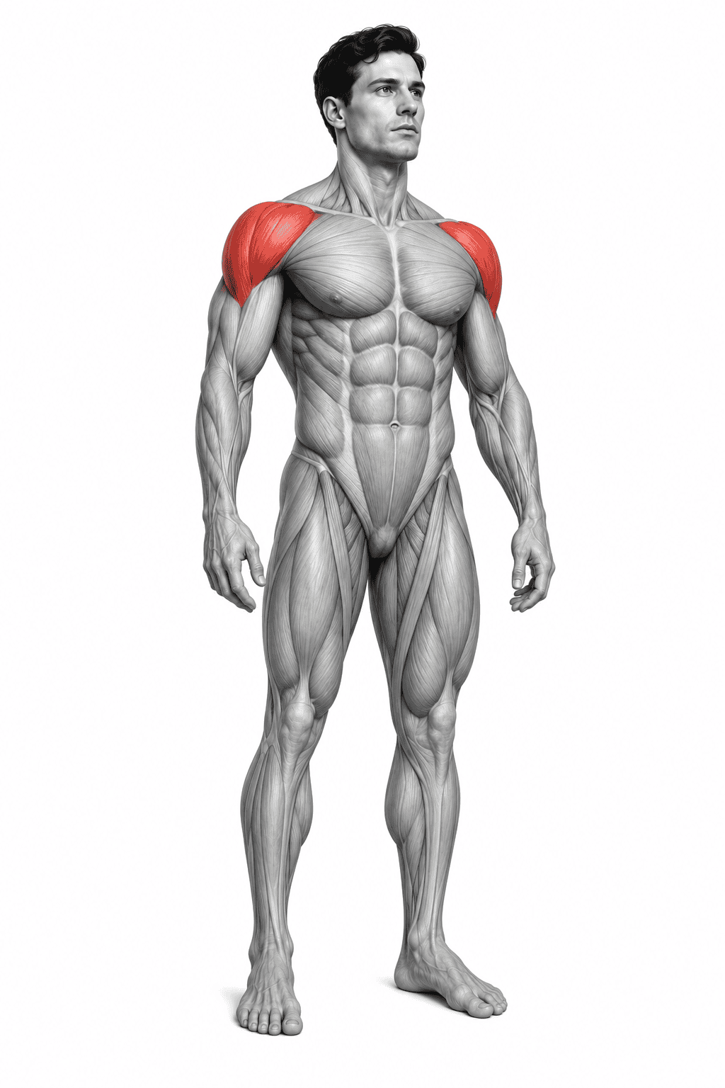 An illustration of a muscular male human body with emphasis on the shoulder muscles, highlighted in red.