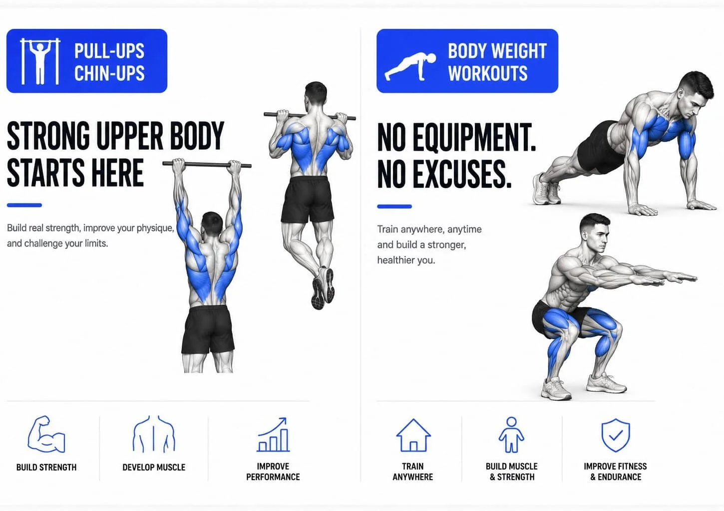 Two sections promoting workout routines. The left section emphasizes pull-ups and chin-ups for building strong upper body muscles, featuring illustrations of a man performing pull-ups on a bar. The right section highlights bodyweight workouts like planks and push-ups for building muscle, endurance, and overall health, with illustrations of men doing push-ups, planks, and squats.