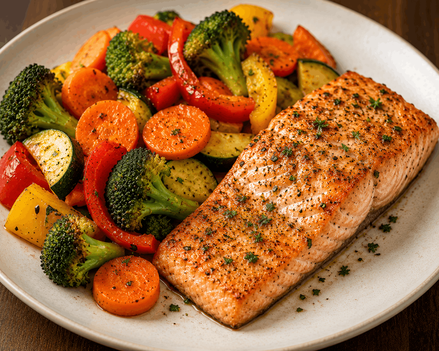 Baked salmon and roasted vegetables served as a healthy high-protein meal.