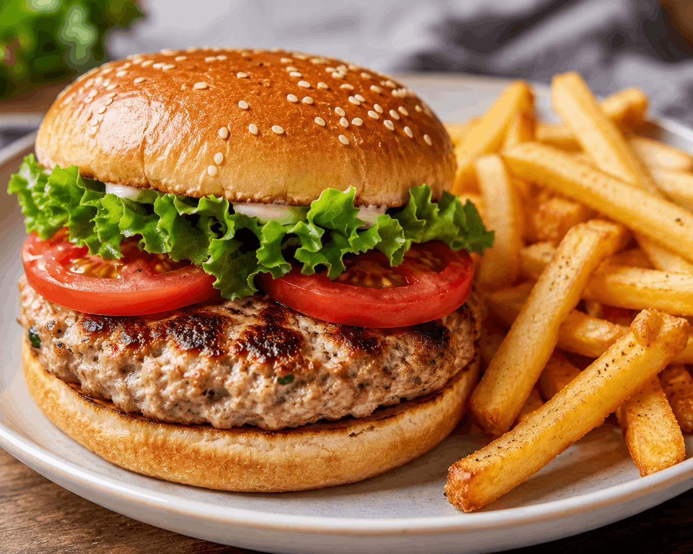Turkey burger served with sweet potato fries as a healthy high-protein meal.