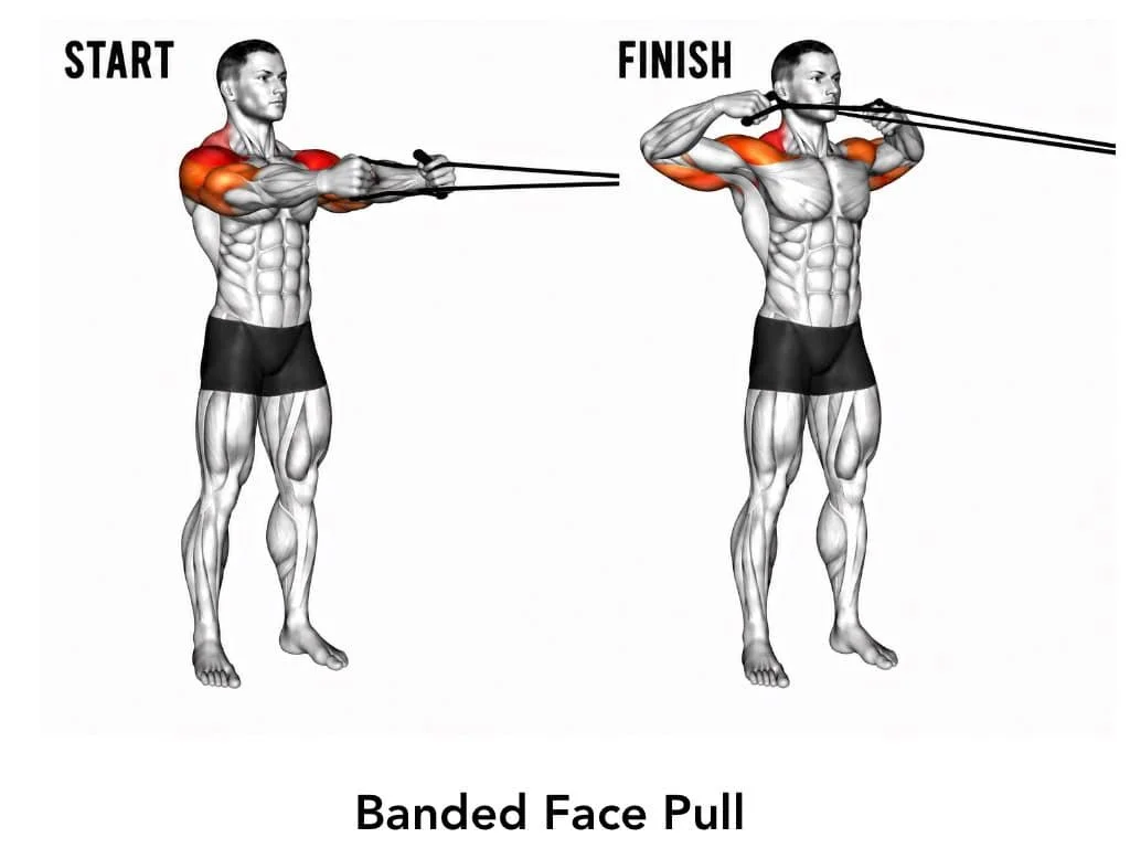 Illustration showing a man performing a banded face pull exercise, demonstrating start and finish positions.