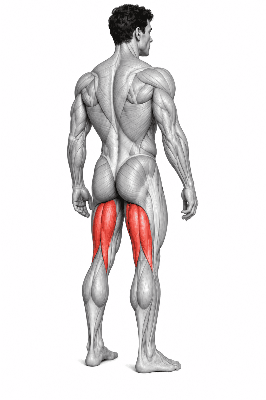 Back view of a muscular man with highlighted hamstring muscles in red