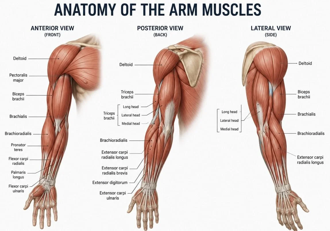 Labeled anatomy diagram showing the major muscles of the human arm, including the biceps, triceps, and forearm muscles.