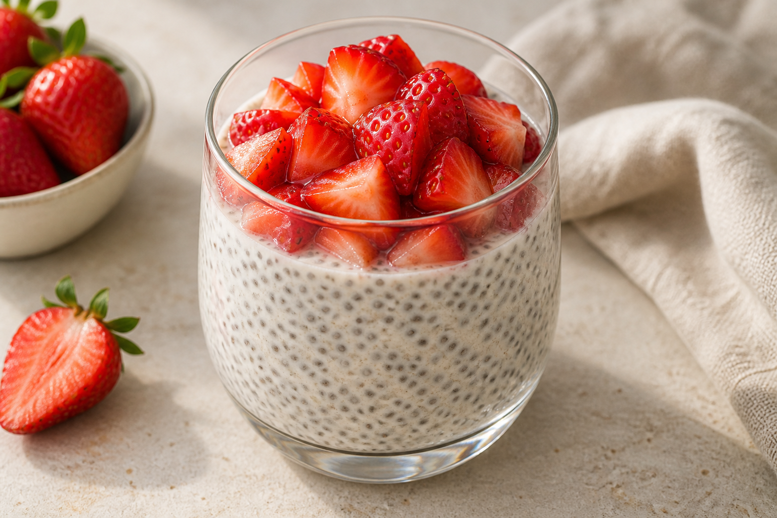 Creamy vanilla chia pudding in a glass topped with chopped strawberries.