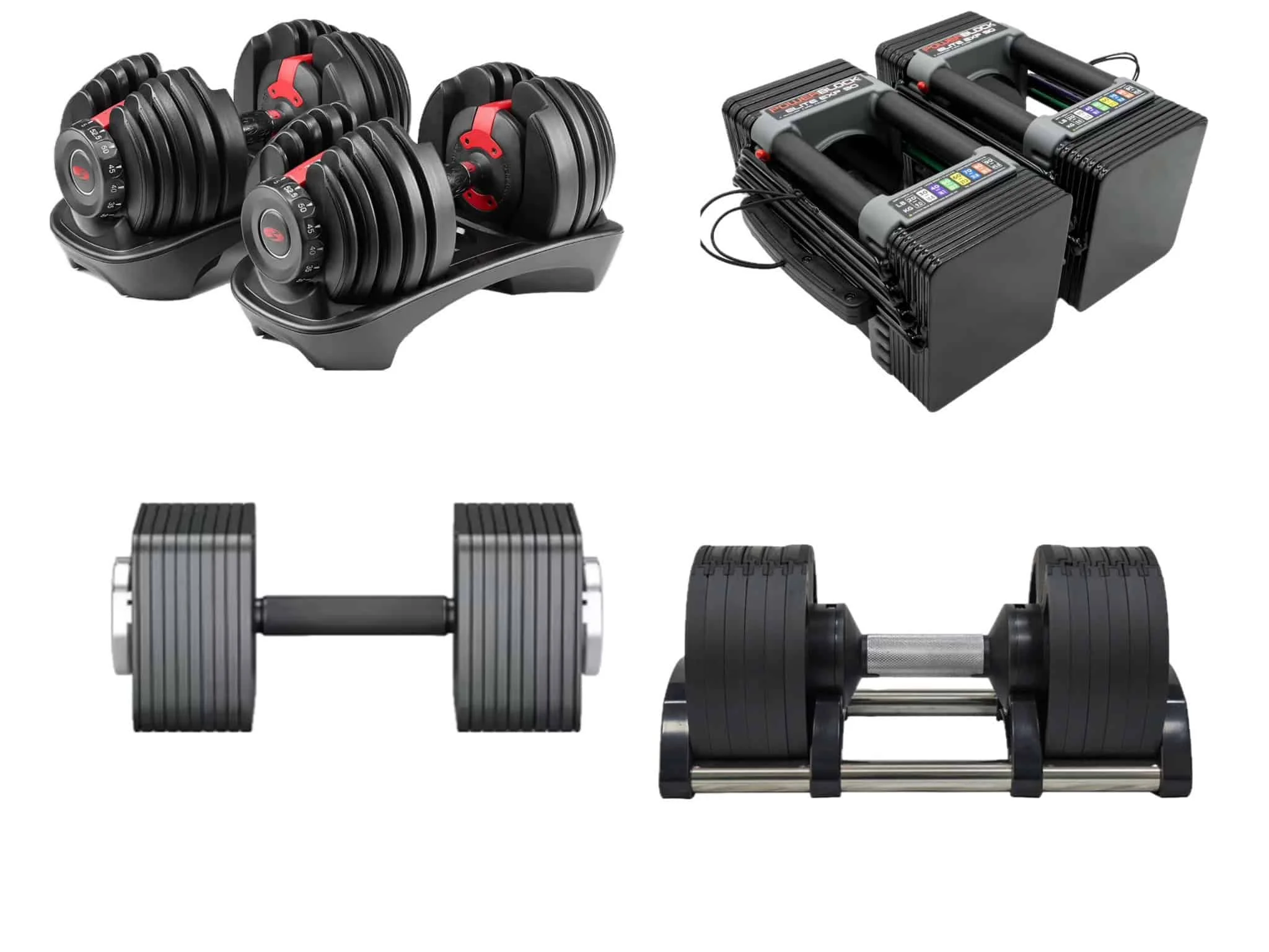 Pair of adjustable dumbbells with black weights and silver handles on a white background.