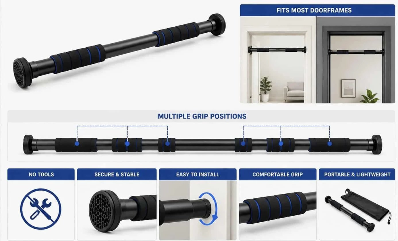 A portable doorframe pull-up bar, suitable for most doorframes. It features no tools for installation, is secure and stable, easy to install, provides a comfortable grip, and is lightweight with a carrying case.