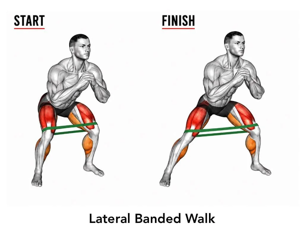 Illustration of a man doing a lateral banded walk exercise, showing the starting and finishing positions, with muscles in the hips, thighs, and calves highlighted in red and orange, and a resistance band around his legs.