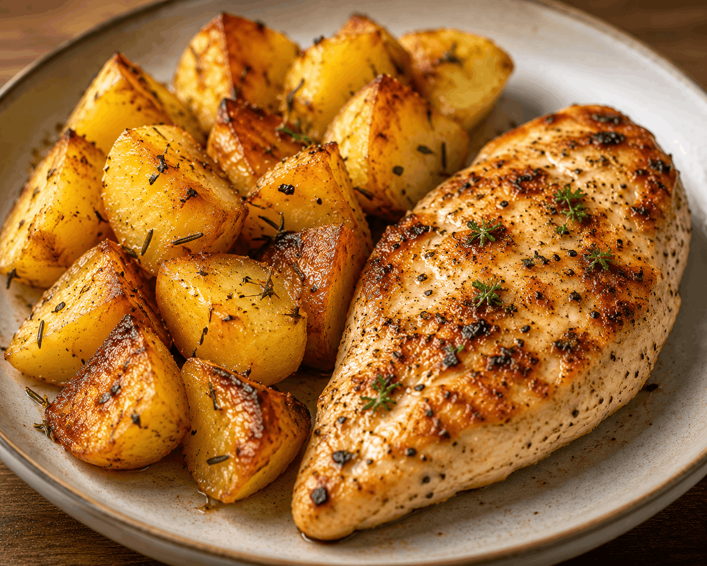 Garlic chicken and roasted potatoes served as a healthy high-protein meal.