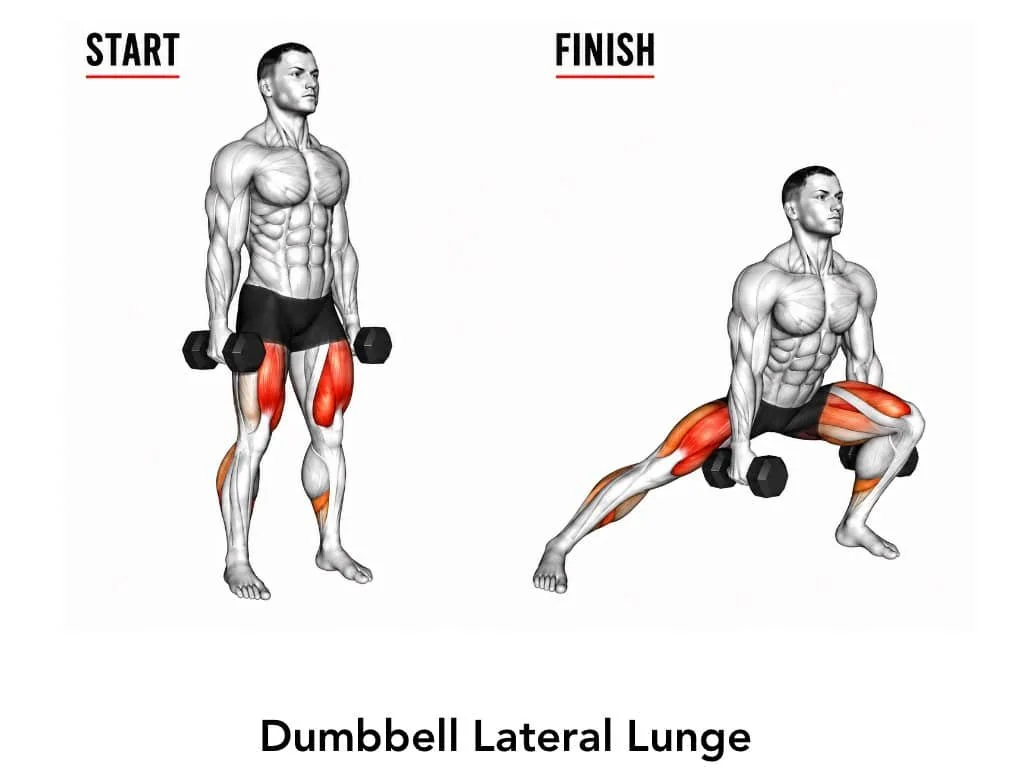 Diagram of a man performing a dumbbell lateral lunge, showing starting position on the left and ending position on the right, highlighting muscle groups worked in red.