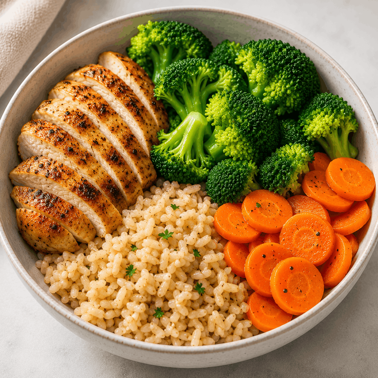 Chicken and rice power bowl with vegetables served as a healthy high-protein meal.