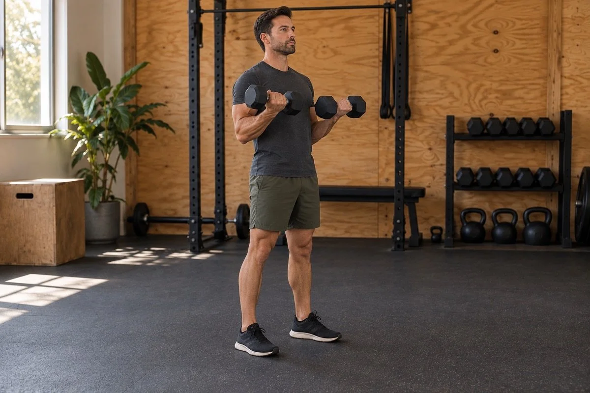 Man performing standard dumbbell biceps curls with palms facing upward.